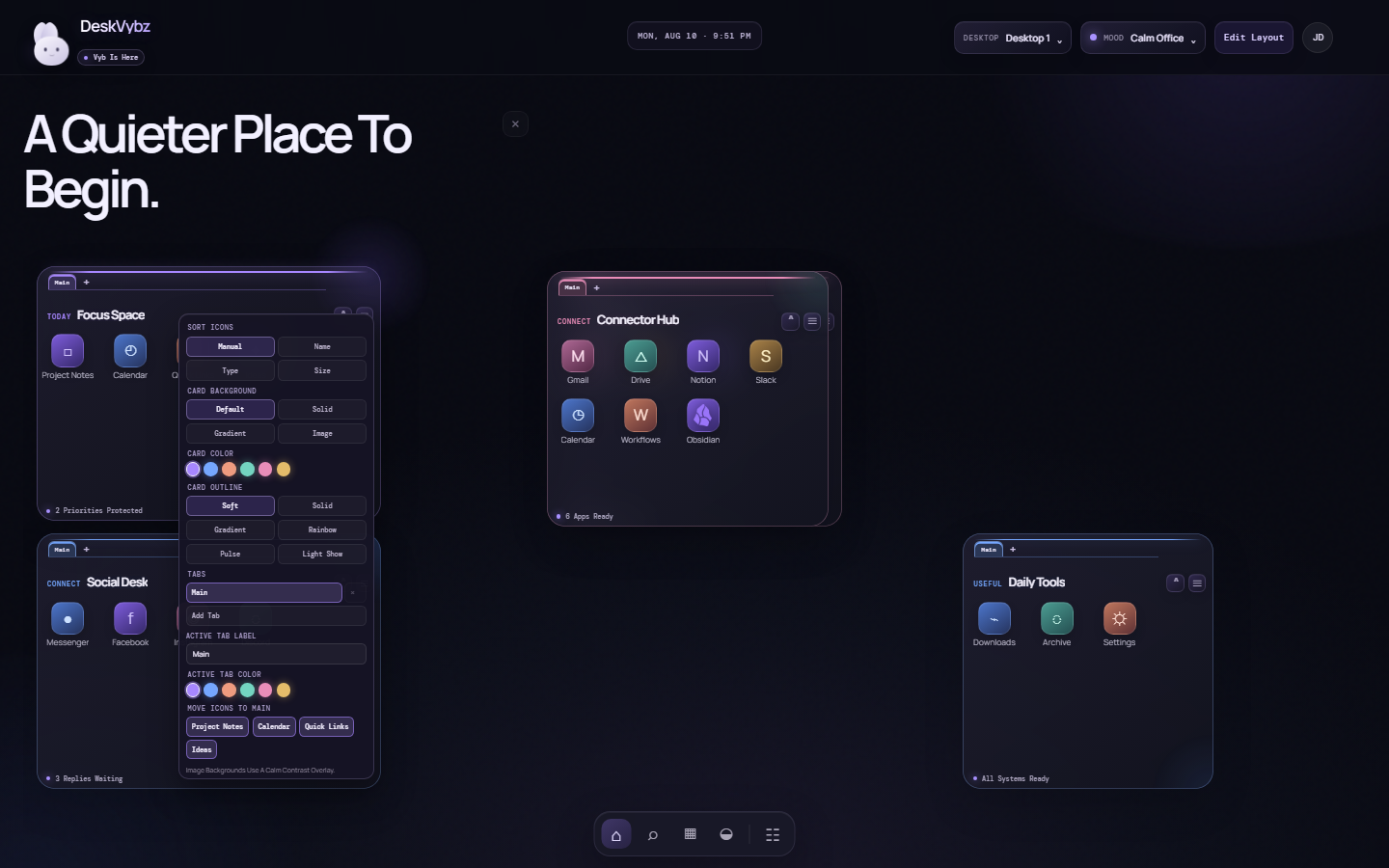DeskVybz card customization panel with background and outline choices.